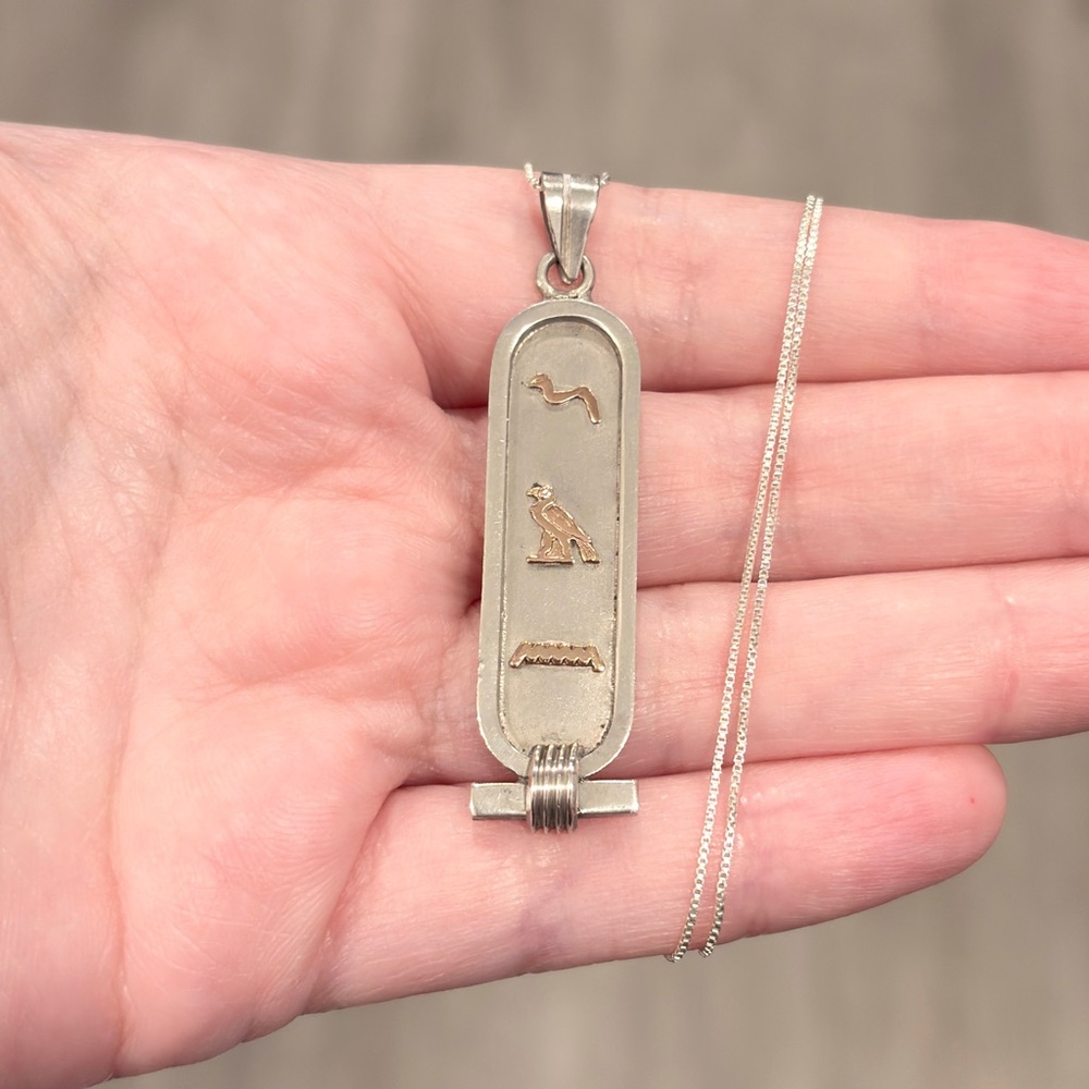 Vintage Sterling 14K Egyptian Cartouche Necklace Double Sided Hieroglyphics - Picture 5 of 16